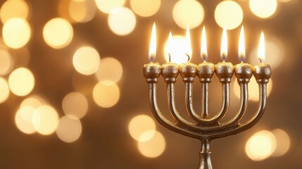 Fototapeta premium Golden menorah with lit candles against blurred warm lights background, symbolizing tradition and celebration