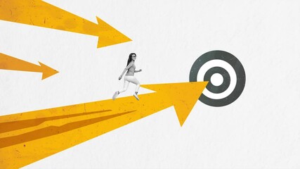 Motion collage video of happy girl run arrow determination success target goal achievement career promotion 