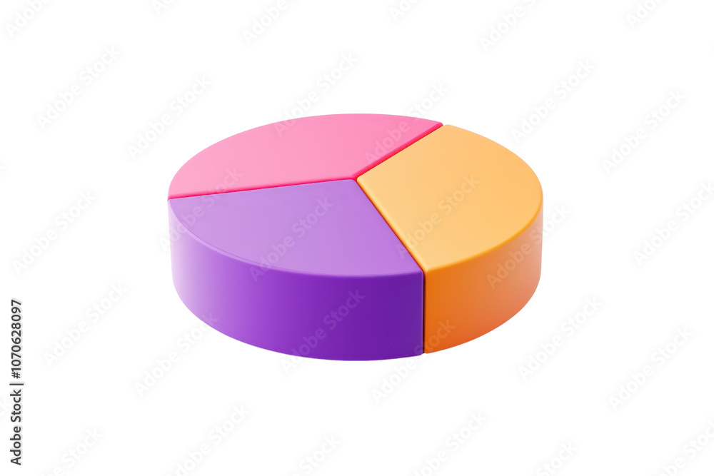 Poster a 3d pie chart comprised of three distinct segments: purple, pink, and orange, representing data div
