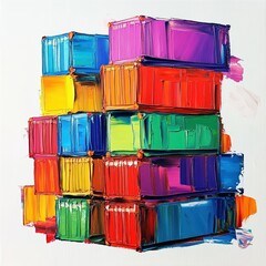 Colorful shipping containers stacked together on a white isolated background.