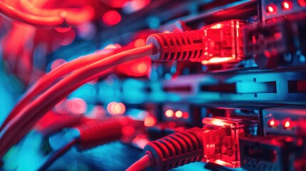 Server room technology featuring cables linked to ethernet ports or routers for network management in a data center. Red optical fiber cables enhance computer connectivity