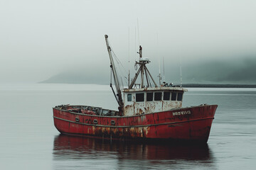 Fototapeta premium Selective focus fisherman boat with fishing net on boat, Trawler with trawl in local sea, Old fishing boat with rusty on the water.