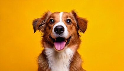 Fototapeta premium Joyful dog jack russell terrier isolated on yellow background banner with place 
