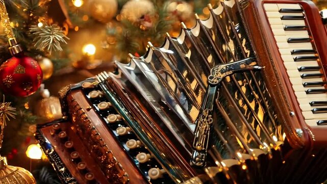 A Christmas tree with ornaments and a cavaillon. The cavaillon is a type of accordion