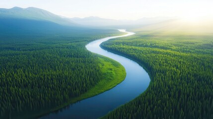Fototapeta premium Aerial panorama of a pristine mountain river, flowing gently under the warm sun, surrounded by vibrant green trees, capturing the essence of a serene summer morning.