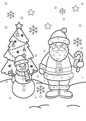 Snowman, santa clause and christmas tree coloring book or pages for kids