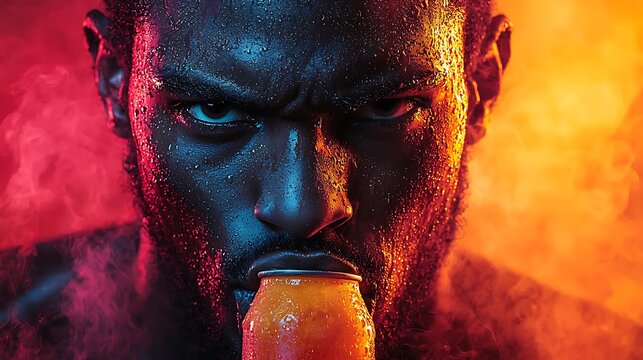 A close-up of a determined individual holding a vibrant ice pop, surrounded by dramatic lighting and mist, showcasing intense focus and a bold expression.