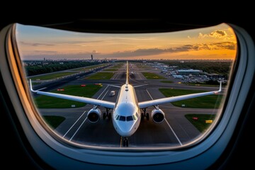 A view of a busy airport runway from an airplane window, with other planes and vehicles in action below