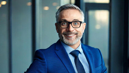 Fototapeta premium Portrait of a corporate successful middleaged man wearing glasses and a blue suit smiling 
