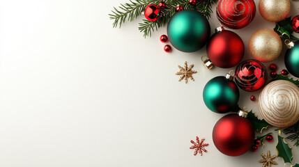 Festive Christmas decorations with red, green, and gold baubles