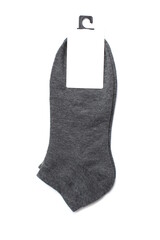 There are grey socks with a price tag on a white background.