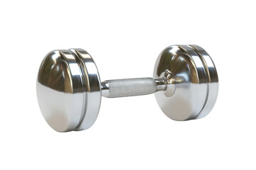 A shiny, metallic dumbbell with textured grip and round weights on either end, designed for strength training.