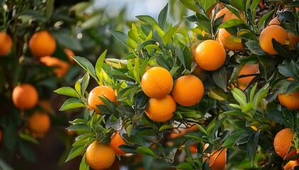 Ripe oranges hang from the branches of a citrus tree in a summer orchard