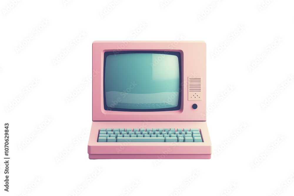 Aufkleber a retro pink desktop computer with a teal keyboard and a large screen.