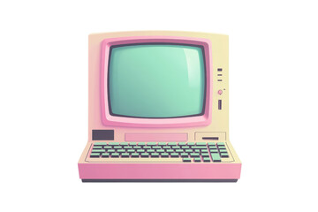 A retro-style pink computer with a screen and keyboard, showcasing vintage design elements and a nostalgic aesthetic.
