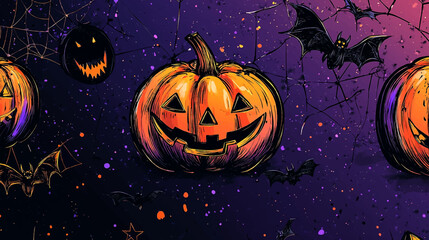 A Halloween themed pattern with spooky elements like pumpkins, bats, and spider webs in shades of orange, black, and purple on a dark background vector illustration.