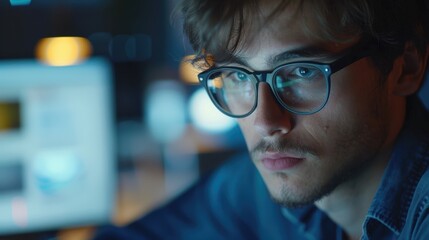 Professional working late at night, strategizing on trading plans for financial markets while using a computer in an office setting