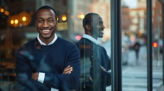 Professional reflecting in a mirror while relaxing during a commute. Smiling corporate employee in a finance, law, or design role heading to work