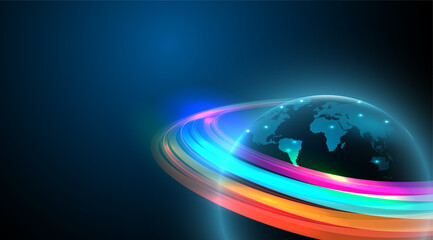 Futuristic planet technology.  Word map with glowing light science fiction. Metaverse earth background                                                                                            