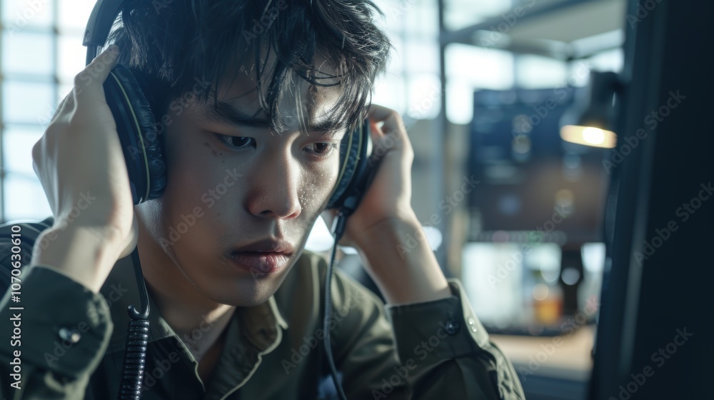Poster stressed call center agent dealing with communication issues, customer service errors, and fatigue w