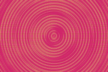 Radial halftone gradient background. Dotted concentric texture with fading effect. Red and yellow circle shade wallpaper. Grunge rough vector. Monochrome backdrop.