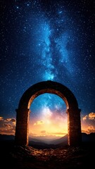 Experience the breathtaking beauty of the milky way through an ancient stone arch at dawn
