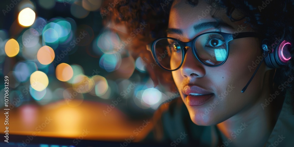 Poster nighttime call center scene featuring a friendly support agent engaged in a virtual discussion on a 