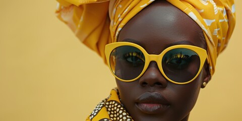 Portrait of a woman in a studio showcasing fashion, makeup, and sunglasses for a vintage and trendy aesthetic. Features elegance and retro flair against a yellow backdrop