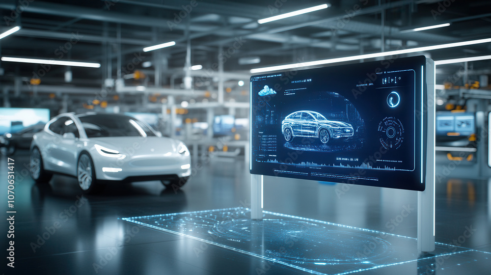 Poster futuristic vehicle charging station with advanced technology and digital displays, showcasing electr
