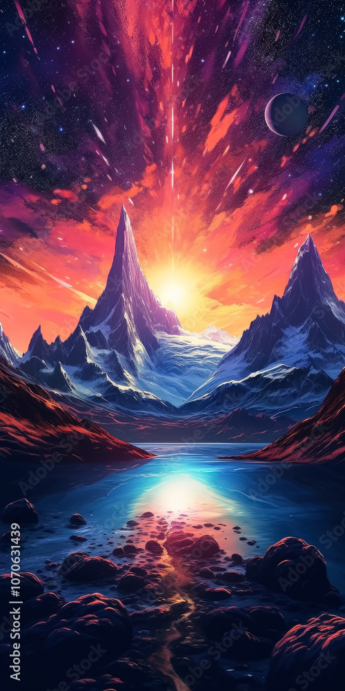 Poster mountain range with a large mountain in the middle and a body of water in front of it
