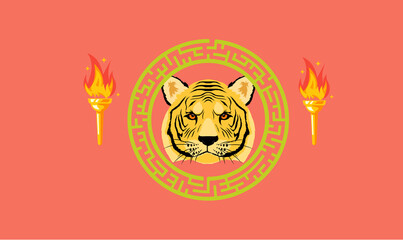 Tiger logo head with torch  tiger vector illustration. Logo tiger with orange back ground.