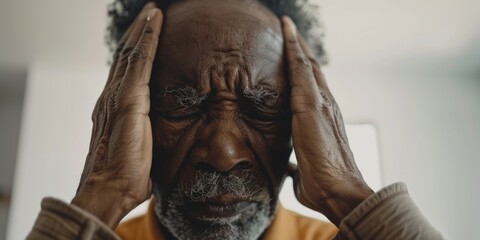 Older adult experiencing headaches, anxiety, and stress at home, dealing with tension, pain, and mental health issues related to life changes