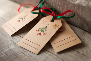 Elegant Christmas gift tags with festive designs and ribbons on a rustic wooden background