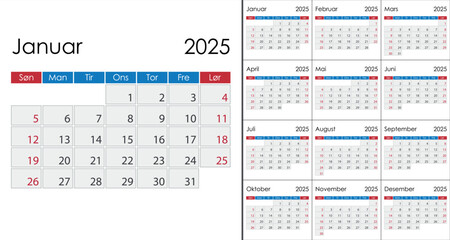 Calendar 2025 on Norwegian language, week start on Sunday