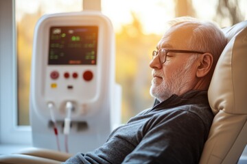 Elderly man connected to a dialysis machine, resting with eyes closed