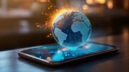 A smartphone with an interactive holographic globe floating above it, representing global connectivity and digital communication in the modern world