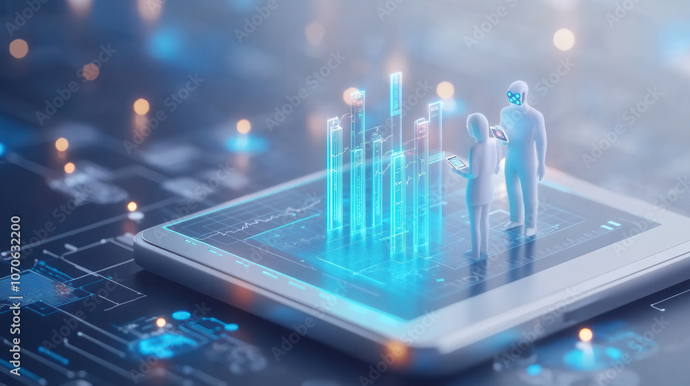Poster futuristic isometric design featuring digital data visualization with humanoid figures interacting w