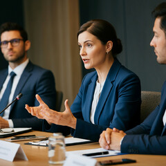 会議で発言するキャリアウーマン