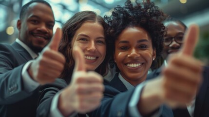 Obraz premium Positive gesture from a diverse team in an office, showcasing happiness and cooperation with a thank you sign and thumbs up symbol