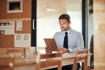 Tablet, networking and businessman in office with email for online CV review for recruitment. Digital technology, reading and male hr manager with report for company labor forecasting with growth.