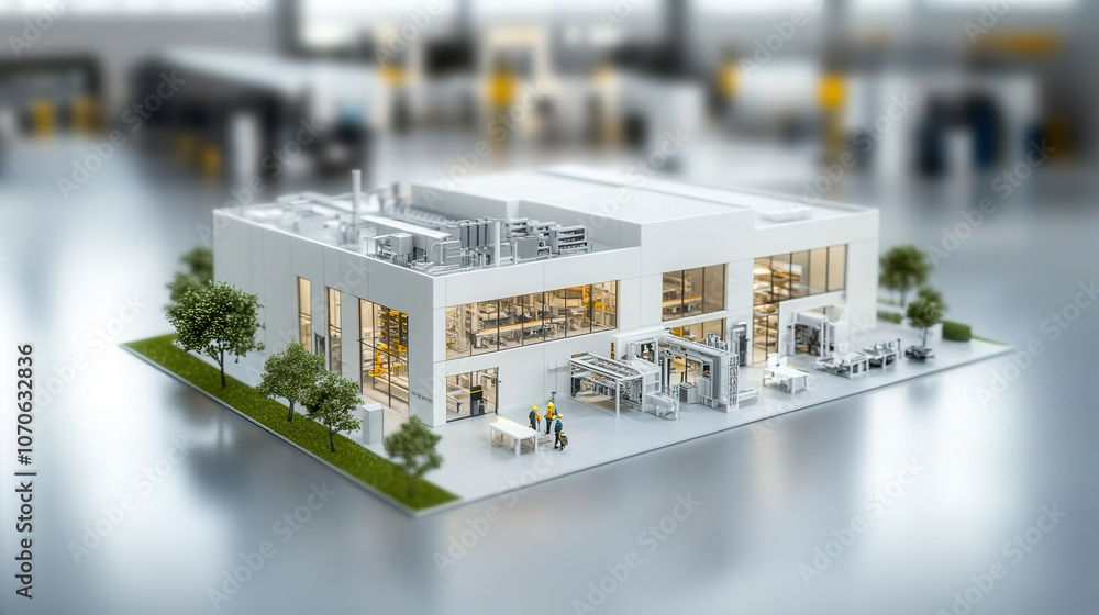 Poster modern factory interior with machinery and workers, showcasing clean and efficient workspace. design