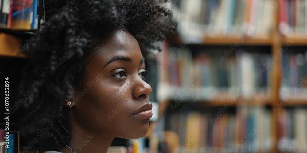 Aufkleber contemplative student exploring library resources, engaged in research with a notebook in an academi