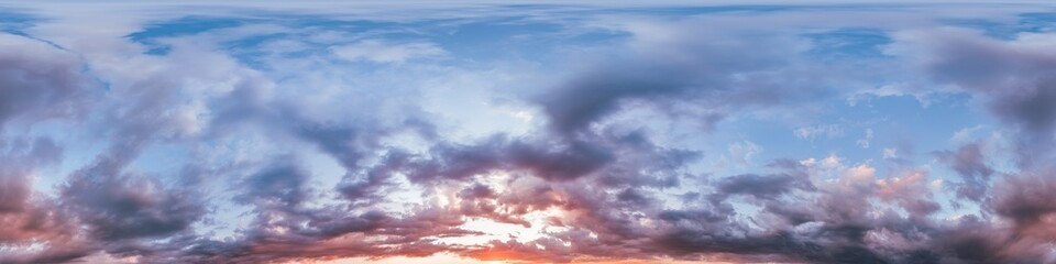 360 panorama of glowing sunset sky with bright pink Cumulus clouds. HDR 360 seamless spherical...