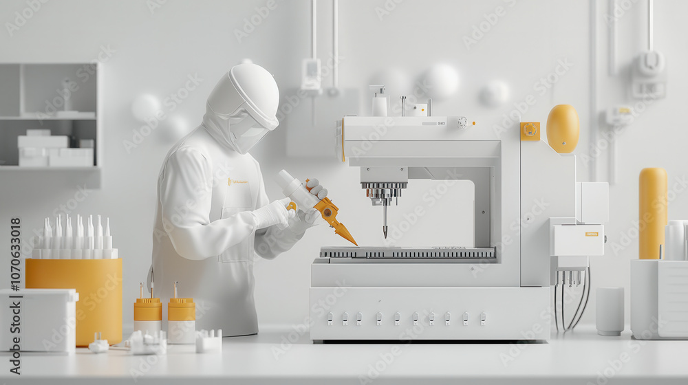Poster technician in white lab coat operates precision machine in clean, modern laboratory. environment fea