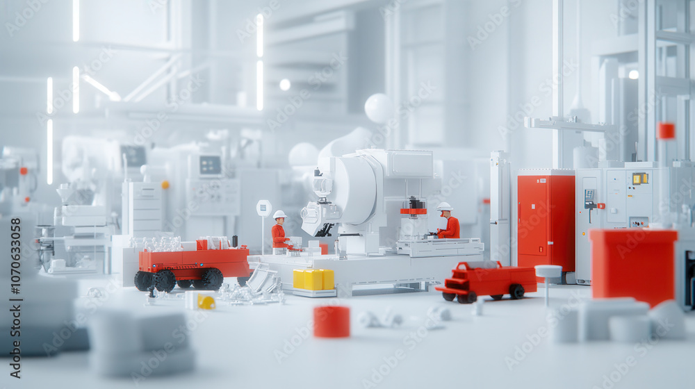 Poster modern factory interior featuring robotic machinery and workers in minimalist design. scene is fille