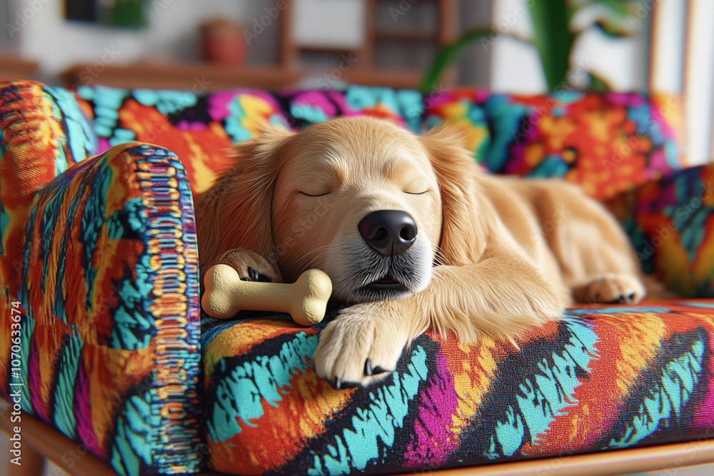 Poster Digital 3D illustration of a dog lying on a couch with a bone, creating a cozy and colorful scene