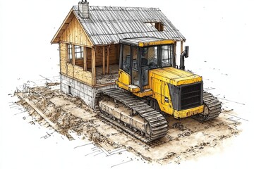 Construction equipment at a building site working on a wooden cabin during daylight hours in a rural setting. Generative AI