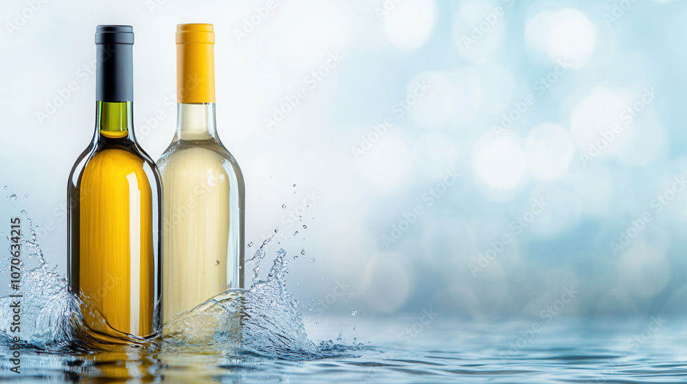 Poster two wine bottles surrounded by dynamic water splashes, creating refreshing atmosphere. vibrant color