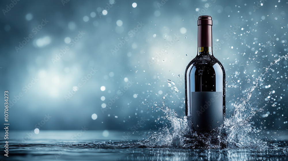Poster wine bottle surrounded by dynamic water splashes creates captivating scene. vibrant splashes and sof