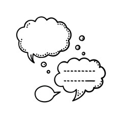 Hand-Drawn Thought and Speech Bubbles Set, Black and white illustration of thought and speech bubbles with dotted details, symbolizing dialogue, ideas, and creative conversation.
